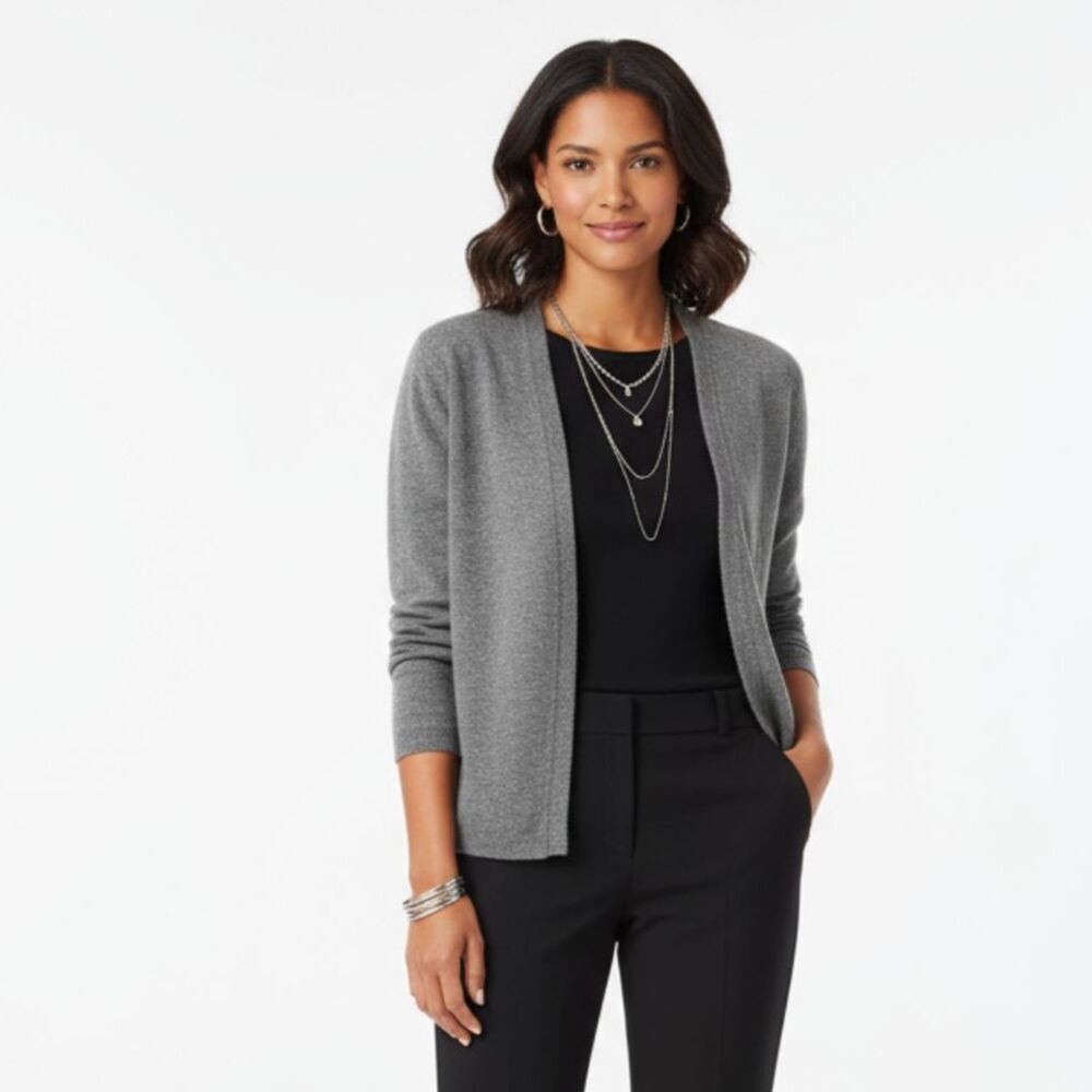 Ellen Tracy 100% Cashmere Gray Long Sleeve Open Front Cardigan Sweater L